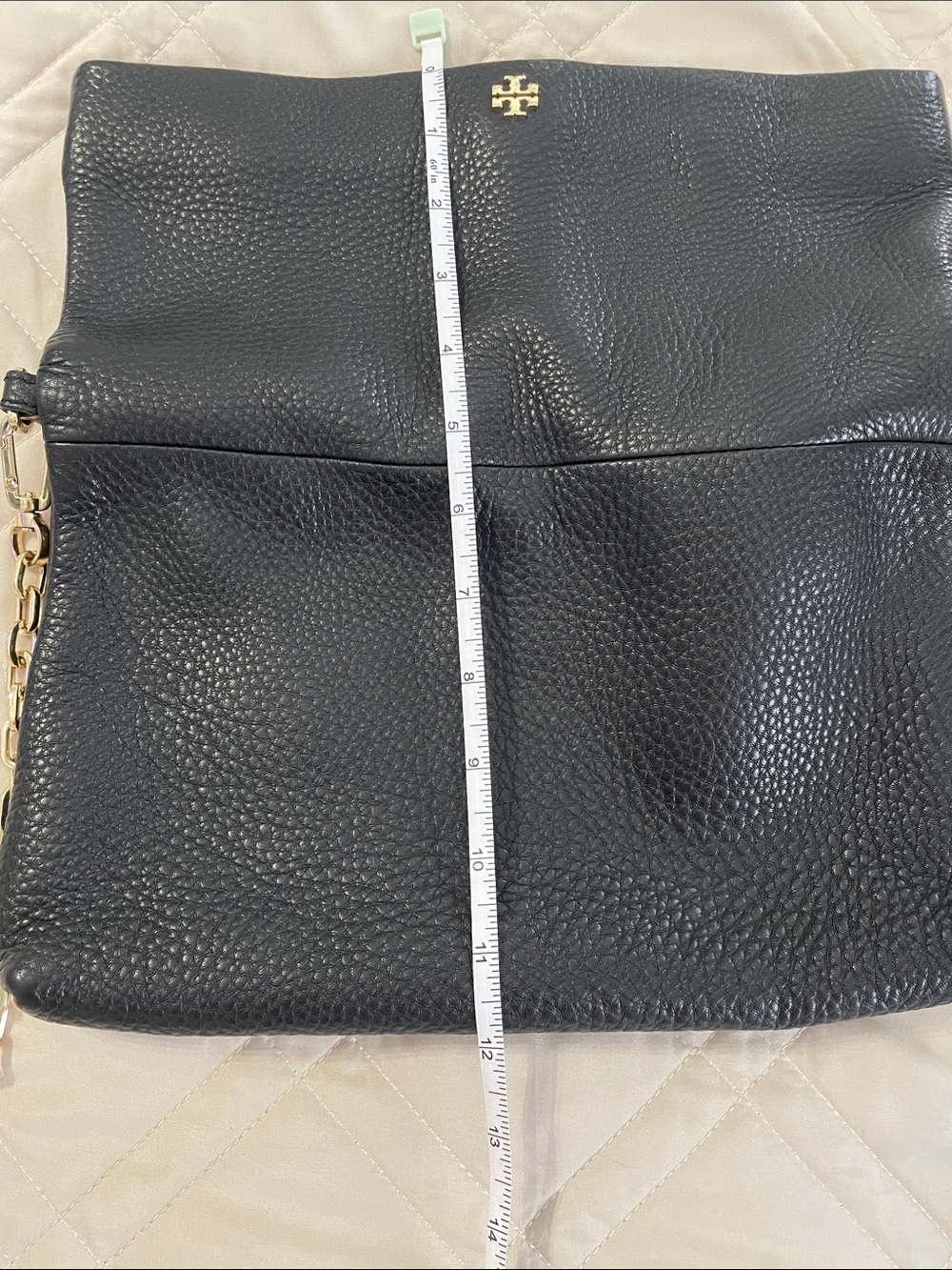 Tory Burch Black Pebbled Leather Fold-Over Crossbody with Gold Chain - Picture 6 of 9